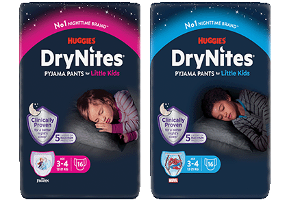 2 packs of huggies drynites pyjama pants age 3-5 that offer support for children who have enurisis